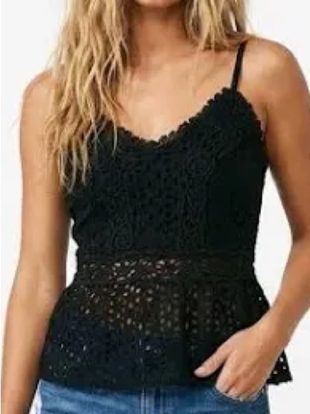 NWT Japna Cami Tank top Eyelet lace peplum Spaghetti straps Scalloped trims M